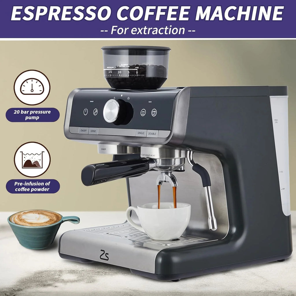 COZONY Espresso Machine 15 Bar, 2.5 L Water Tank, Semi Automatic Coffee Maker with Grinder, Milk Frother/Steam Wand, Italian Pump, All-in-One Espresso Machine, Stainless Steel, Silver