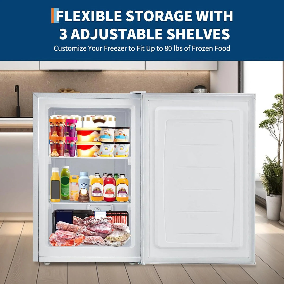 M optimized Upright Freezer, 3.0 Cu.Ft. Compact Mini Freezer with Reversible Single Door, 7 Adjustable Thermostat & 3 Removable Shelves, for Apartment, Dorm, Home, Office