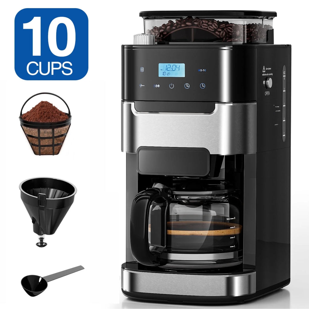 Auseo 10-Cup Drip Coffee Maker with Grinder, Grind and Brew Coffee Maker, 12-Hour Timer, 3 Brew Strength Options, Touch Screen, 1.5L Water Tank, Black