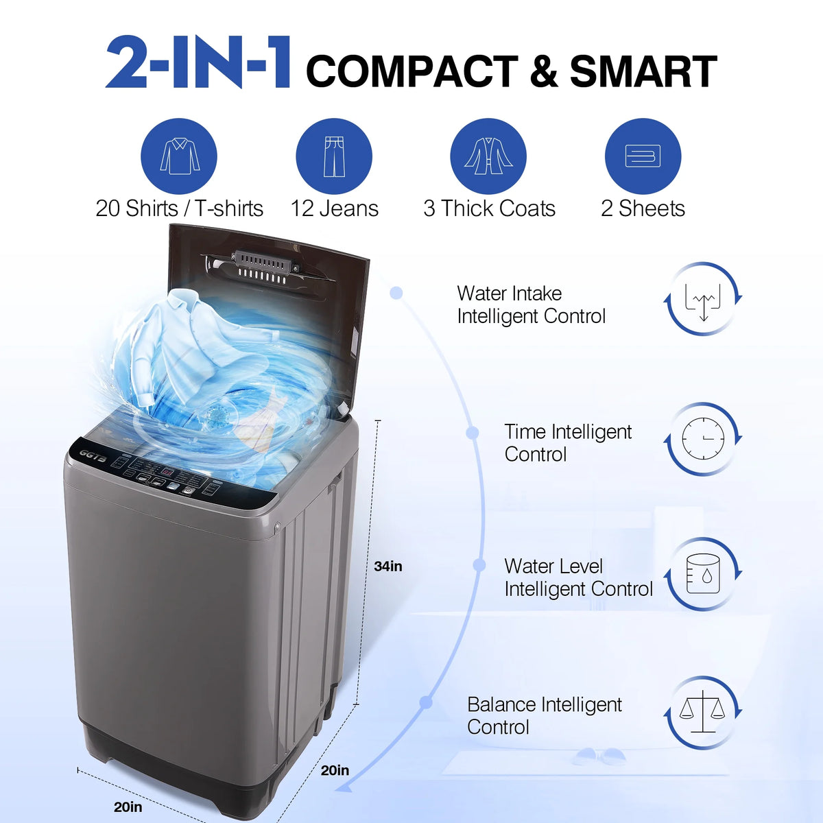 GGTB Portable Washing Machine for Apartments, 17.7 lbs Full Automatic Clothes Washer Machine,1.9 Cu.ft Top Load Washer with 10 Wash Programs/8 Water Levels, Coffee Gold