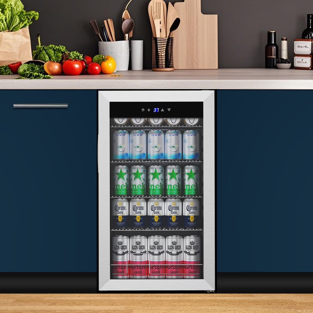 Nipus 17.52 inch Beverage Refrigerator Cooler,120 Cans Capacity with Glass Door for Soda Wine Beer, with Adjustable Removable Shelves, Black