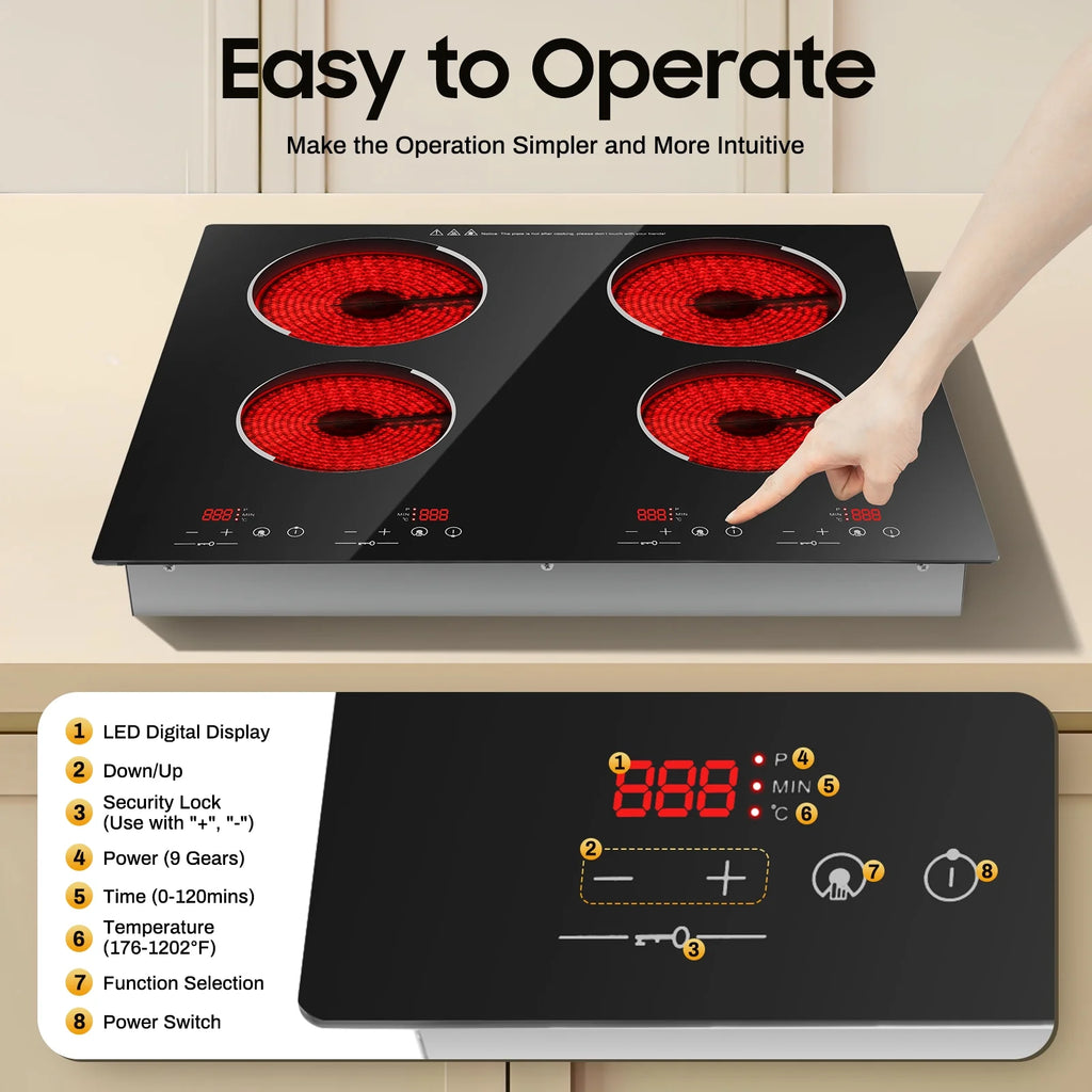 110V 3000W 4-Burner Electric Ceramic Cooktop,Touch Control,9 Gears,Safe & Efficient,for Home & Commercial Use