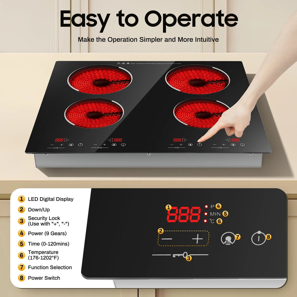 110V 3000W 4-Burner Electric Ceramic Cooktop,Touch Control,9 Gears,Safe & Efficient,for Home & Commercial Use