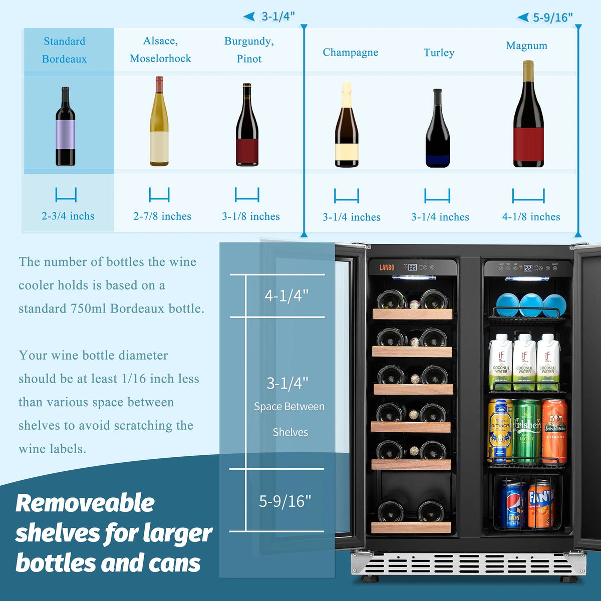 Lanbo 24 inch Dual Zone 18 Bottle Wine and 55 Can Beverage Cooler with French Door