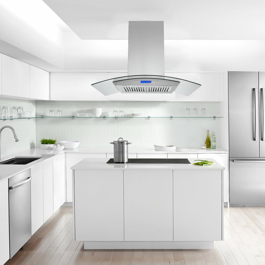 Tieasy 36 inch Island Mount Range Hood 900 CFM with Glass LCD Touch Control 4 LED Lamps