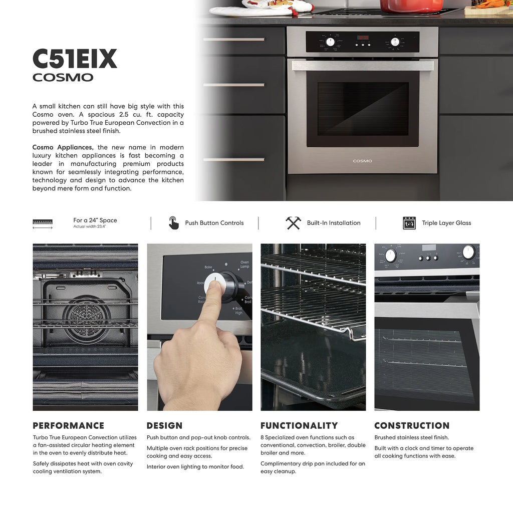 Cosmo C51EIX 24 in. Electric Built-In Stainless Steel Convection Wall Oven