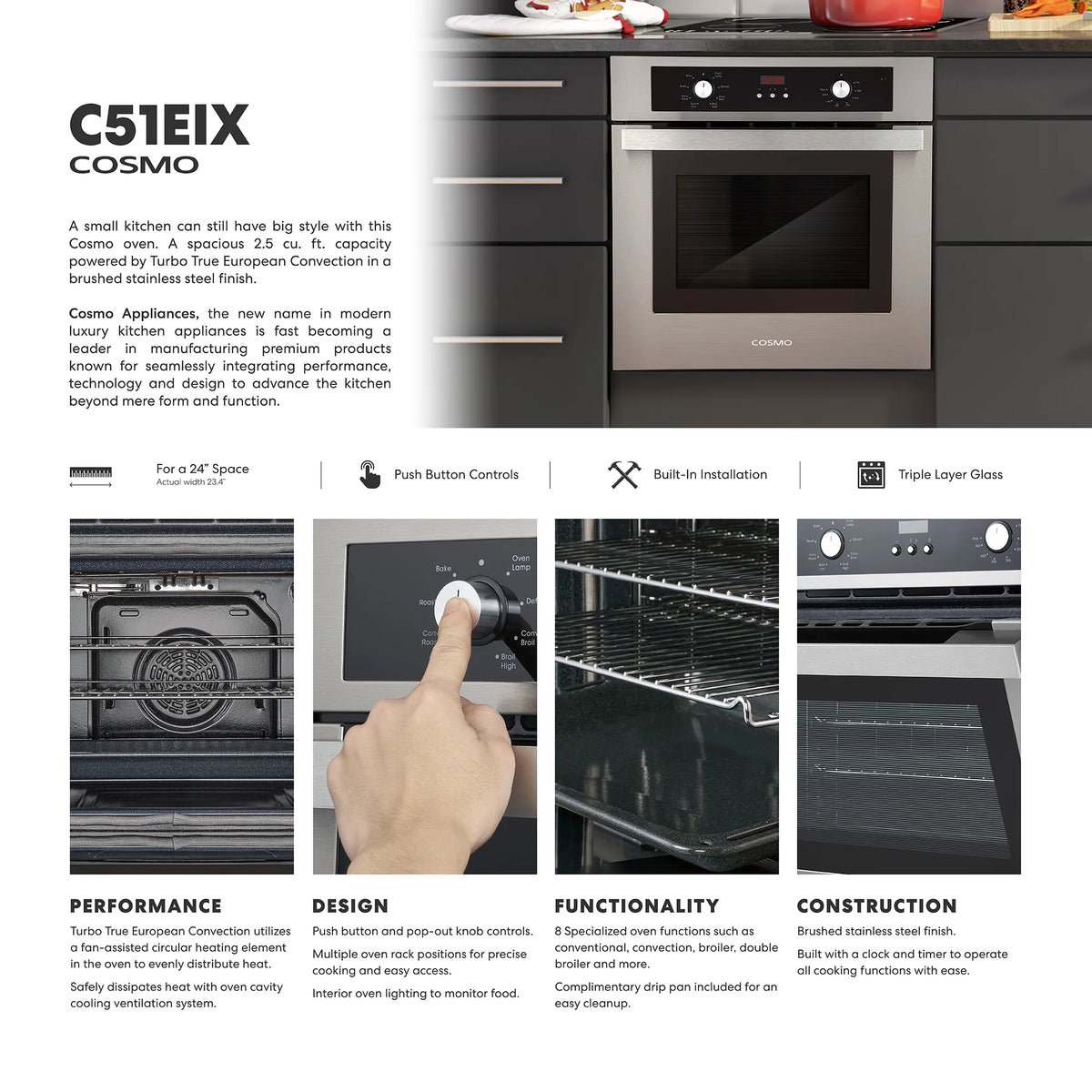 Cosmo C51EIX 24 in. Electric Built-In Stainless Steel Convection Wall Oven