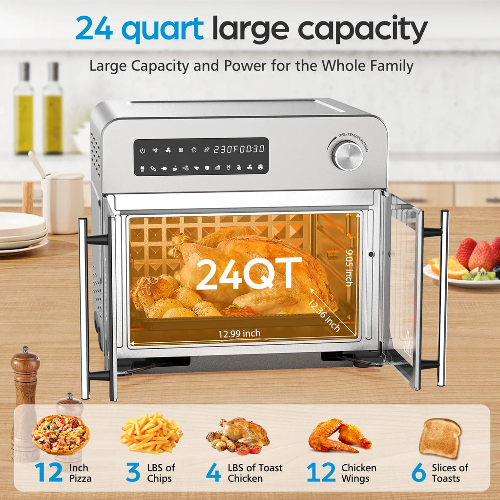 OSTBA French Door Air Fryer Toaster Oven Combo, Airfryer Convection Oven Countertop 10-in-1 Combo, 30% Faster 90% Less Oil, 102 Recipes & 7 Accessories Included 24 QT Stainless Steel