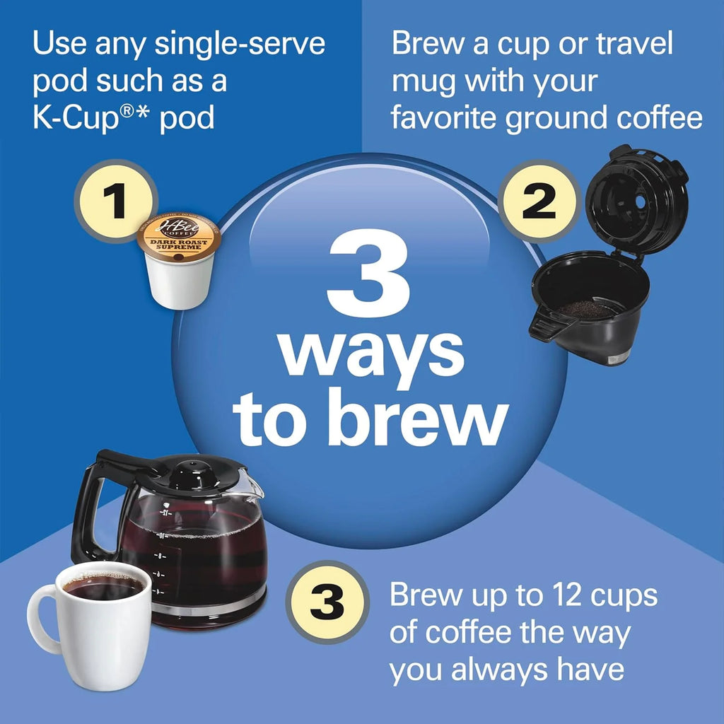 Wangxin FlexBrew Trio 2-Way Coffee Maker, Compatible with K-Cup Pods or Grounds, Combo, Single Serve & Full 12c Pot, Black - Fast Brewing (49902)