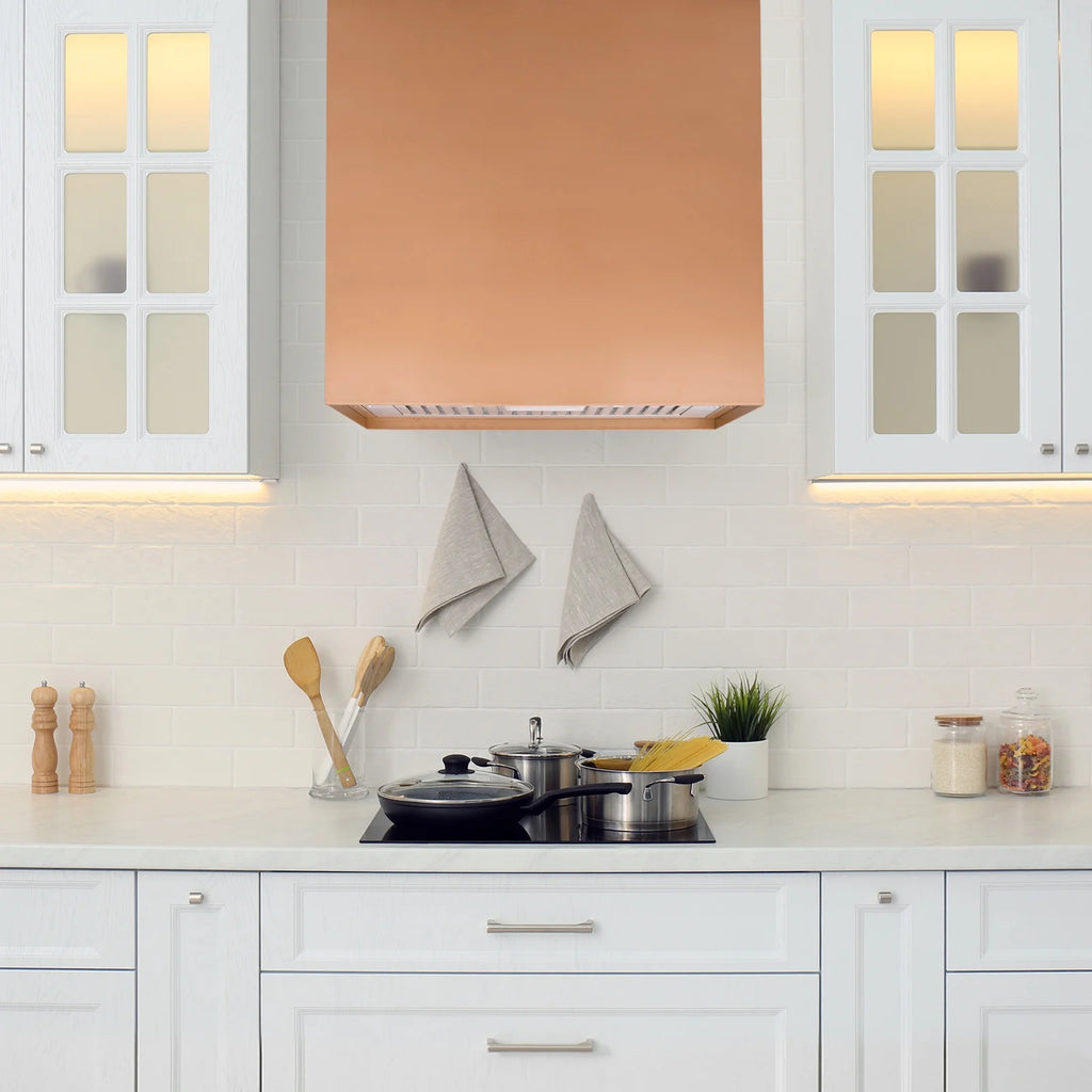 Akicon Stainless Steel Range Hood, Modern Box Kitchen Hood with Powerful Vent Motor, Wall Mount, 30��W*30��H*14D, Signal White