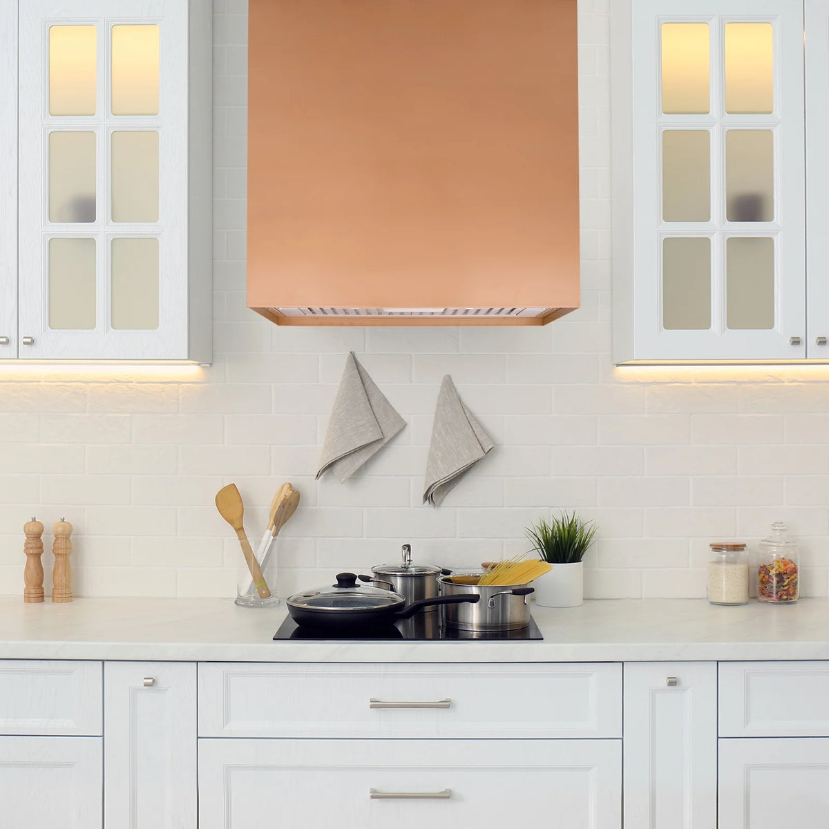 Akicon Stainless Steel Range Hood, Modern Box Kitchen Hood with Powerful Vent Motor, Wall Mount, 30��W*30��H*14D, Signal White