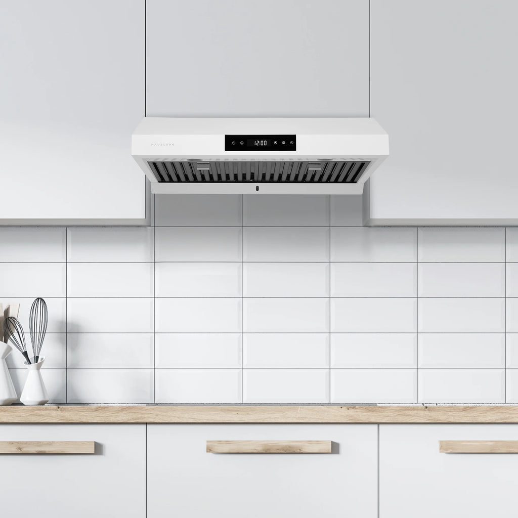 Hauslane | Chef Series PS18 30" Under Cabinet Range Hood, Matte White | 120V, Pro Performance, Touch Screen, LED Lamps, 3-Way Venting, Baffle Filters