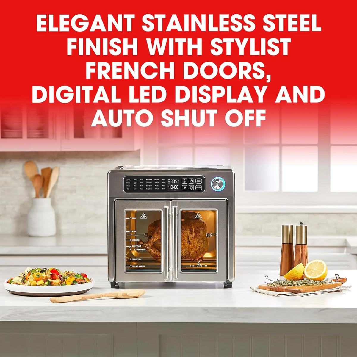 Open Box Emeril 675-02x 8 pcs Emeril Lagasse French Door 360 26 QT Air Fryer, Convection Toaster Oven (Stainless Steel) -