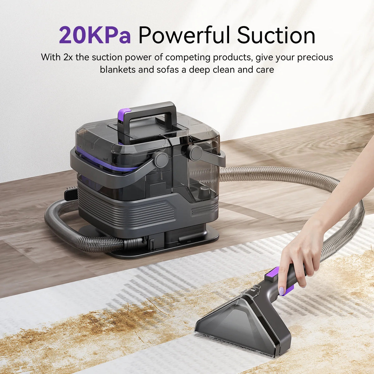 Inolait Portable Carpet Cleaner Machine, 20Kpa Powerful Upholstery Cleaner Machine, 66oz Large Water Tank, with Brush for Pets, Stairs, Black