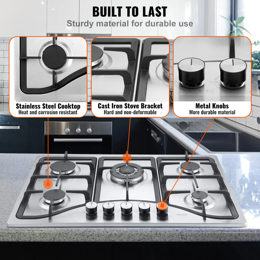 BENTISM Gas Cooktop Stove Top 30 inch Max 12250BTU 5 Burners Built-in LPG/NG Convertible