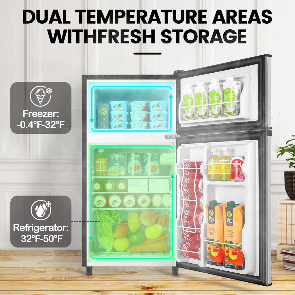 WANAI Two-Door Mini Fridge with Freezer, Silvery, 3.5 Cu ft