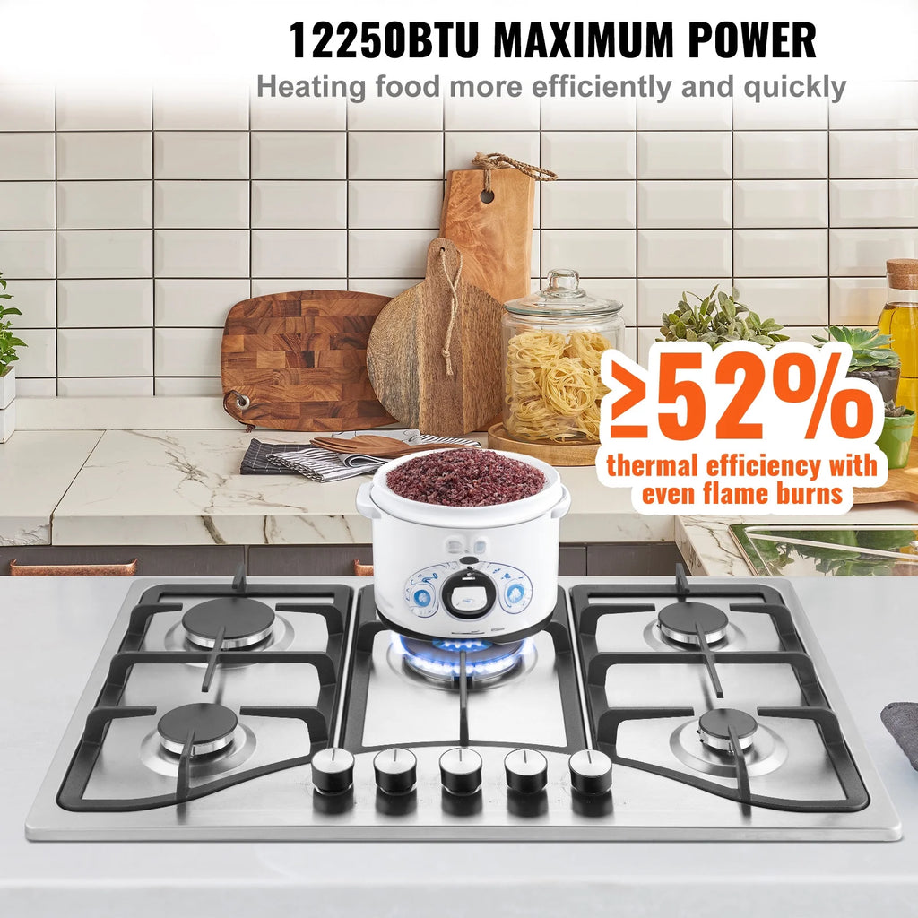 KFFKFF 30-inch Gas Range, Quintuple Burners Integrated Gas Cooktop, Peak 12250BTU NG/LPG Adaptable Stainless Steel Propane Stove, Featuring Thermocouple Safety for Outdoors, Small Living Spaces