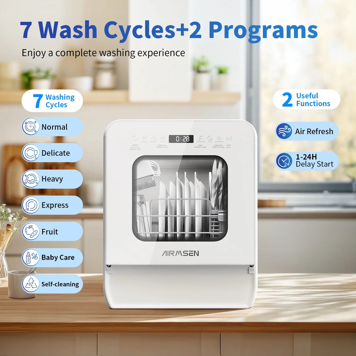 AIRMSEN 5-Place Settings Portable Countertop Dishwasher with 5L Built-in Water Tank, Ultra-Slim Dishwasher Upgrade 3 Spray Arms, 12H Delay Start and Salt Chamber Function, ZMW-DUHA01