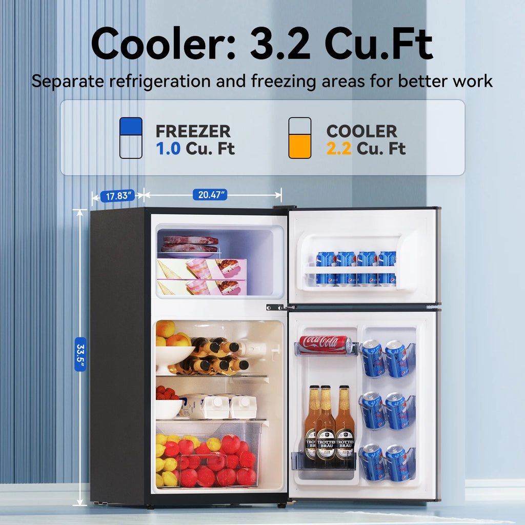 Frestec 2-Door Mini Fridge - 3.2 Cu Ft, Energy Star Rated, Perfect for Dorm or Apartment,Stainless Steel