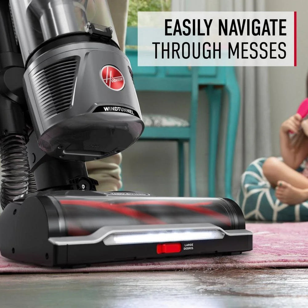 Hoover Bagless Upright Vacuum, WindTunnel Tangle Guard, Powerful, Multi-Surface, with LED, Extension Wand,Turbo, Crevice,& 2-in-1 Upholstery Tool, Lightweight, HEPA Filter, XL Dust Cup, Grey