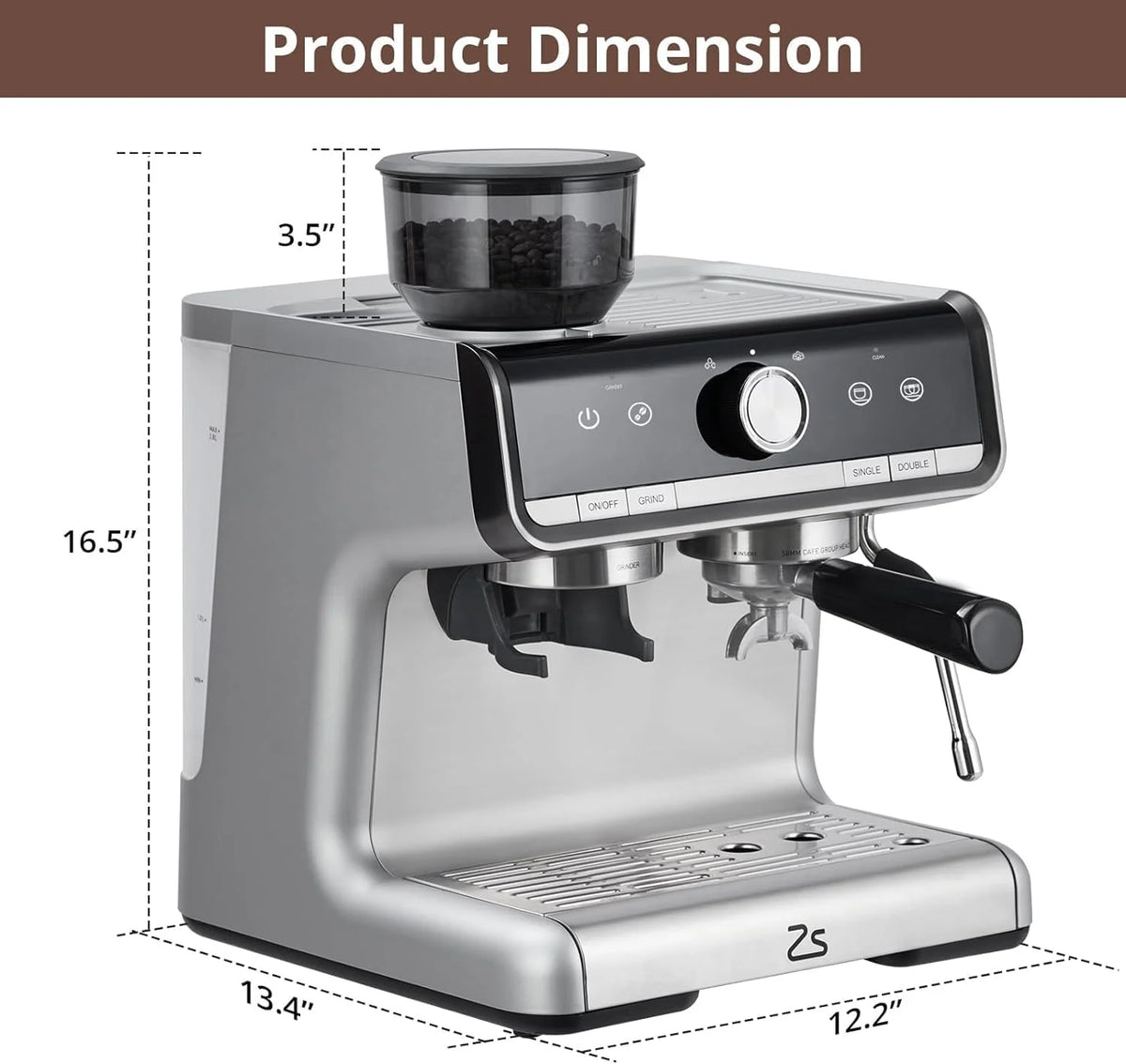 COZONY Espresso Machine 15 Bar, 2.5 L Water Tank, Semi Automatic Coffee Maker with Grinder, Milk Frother/Steam Wand, Italian Pump, All-in-One Espresso Machine, Stainless Steel, Silver