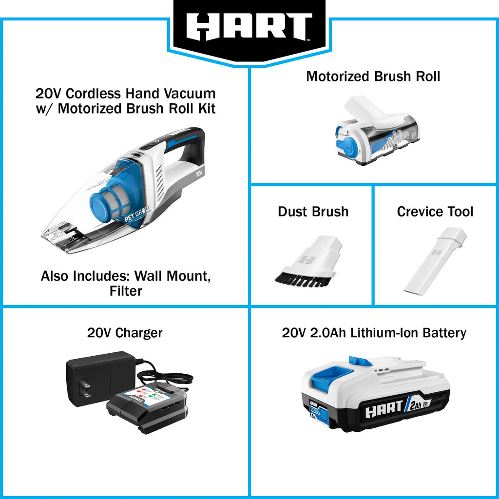 HART 20-Volt Cordless Hand Vacuum Kit with Multi-Surface Motorized Brush Roll, HPHV34B