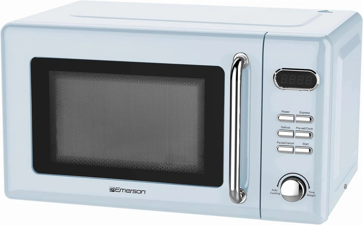 Countertop Microwave Oven with Push Button Control, LED Display, 700W 5 Power Levels, 8 Auto Menus, Glass Turntable and Child Safety Lock, 0.7-inch��Thunderbird Blue