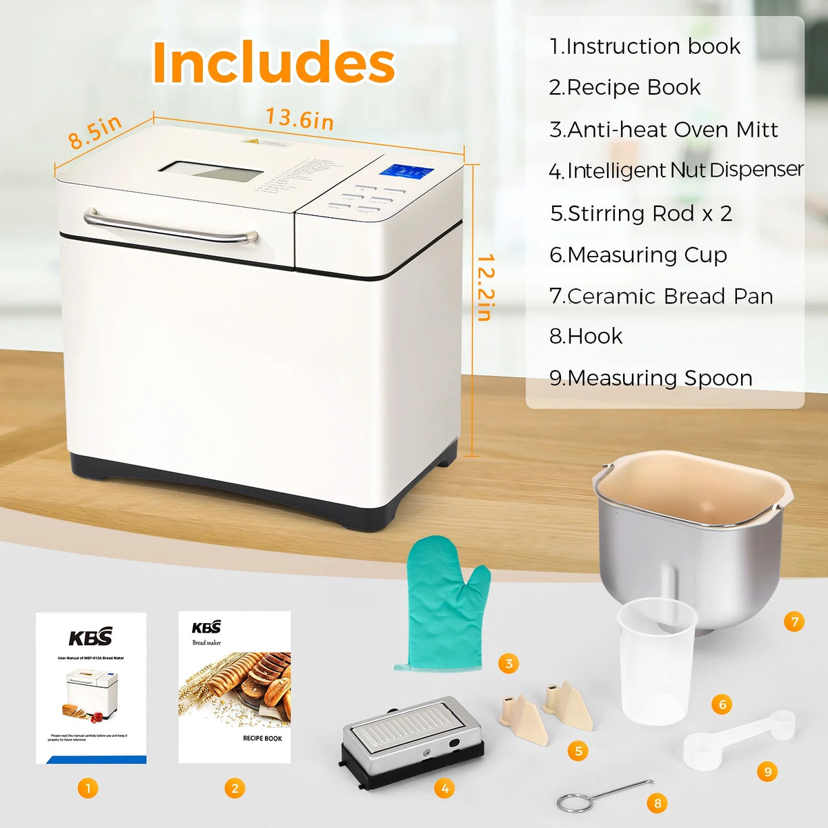 KBS 19-in-1 2LB Bread Maker Machine with Dual Heaters& Auto Nut Dispenser,Ceramic Pan with 2 kneading paddle,15 Hour delay timer&1 hour keep warm Model#013A