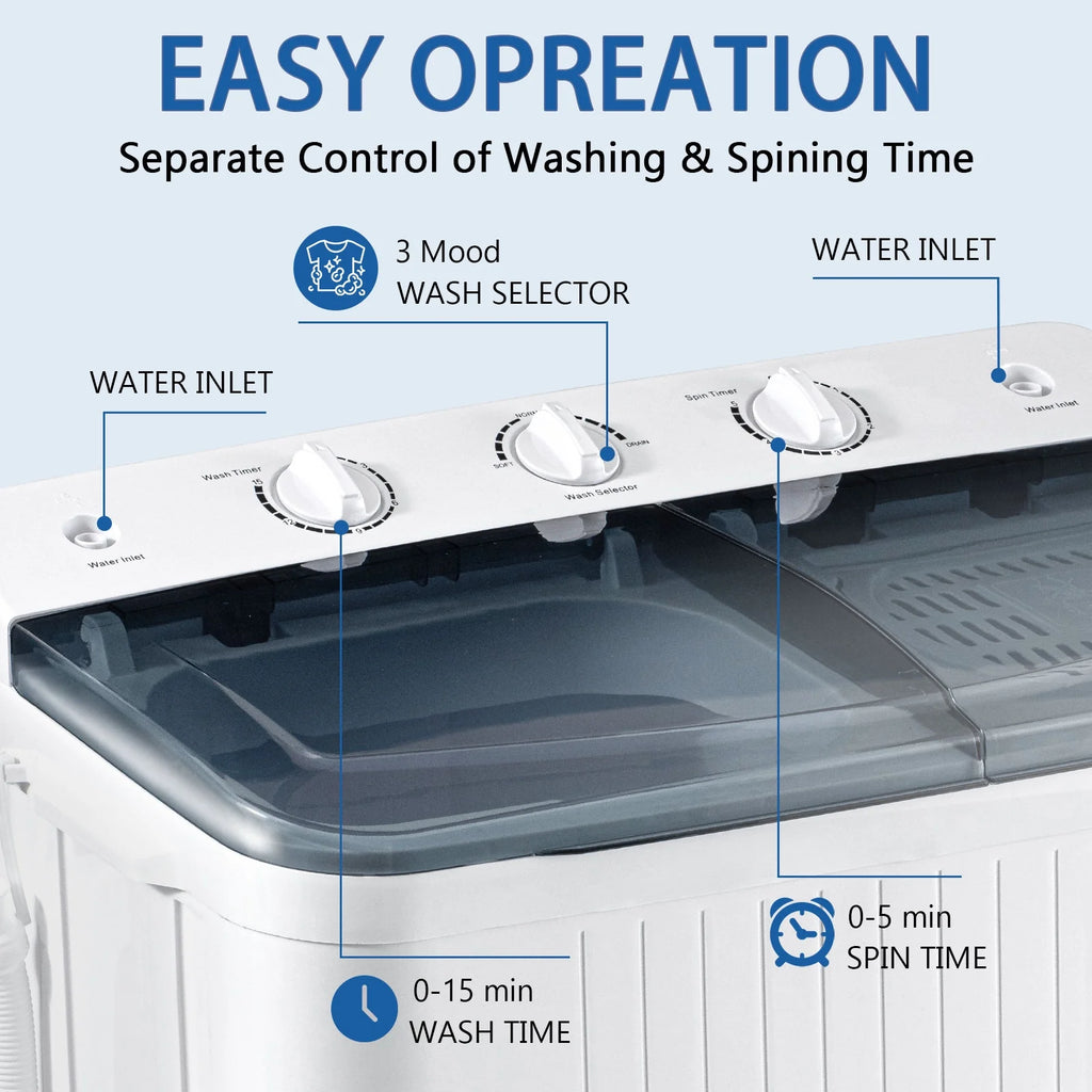 Dimedeal Portable 18lbs Twin Tub Mini Washing Machine, 11lbs Washer & 7lbs Spinner with Drying Rack & Hangers