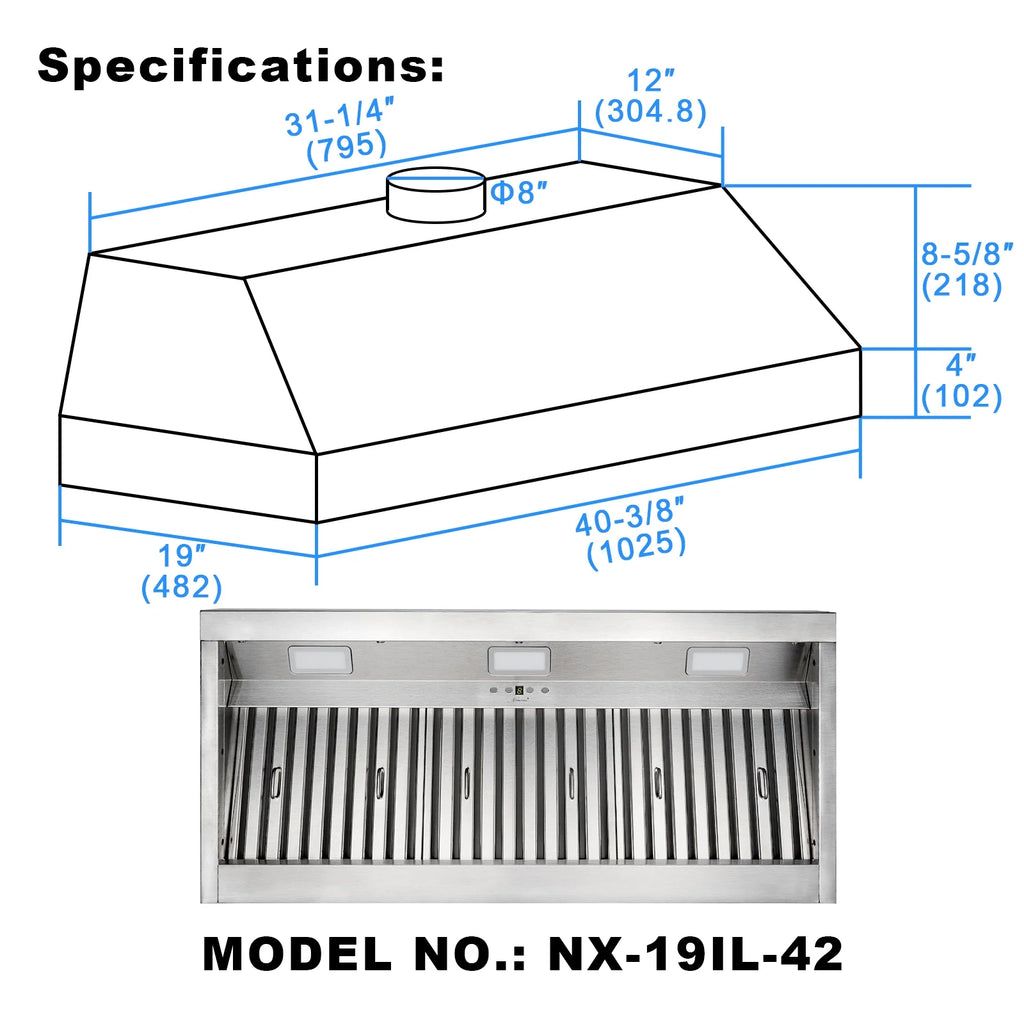 Akicon 48 Inch Range Hood Insert, Stainless Steel 8" Ducted Insert/Built-in Kitchen Vent Hood with 1200 CFM Suction, Dimmable LED Lights and Dishwasher Safe Filters, 4 Speed-Cool White