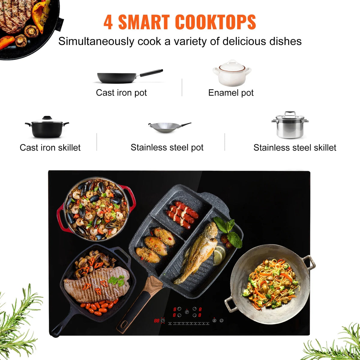 KFFKFF 4 Burner Electric Cooktop, 30'' 7500W 9 Power Settings Induction Cooktop Countertop Burner, with LED Display, Child Safety Lock & Heat Guard