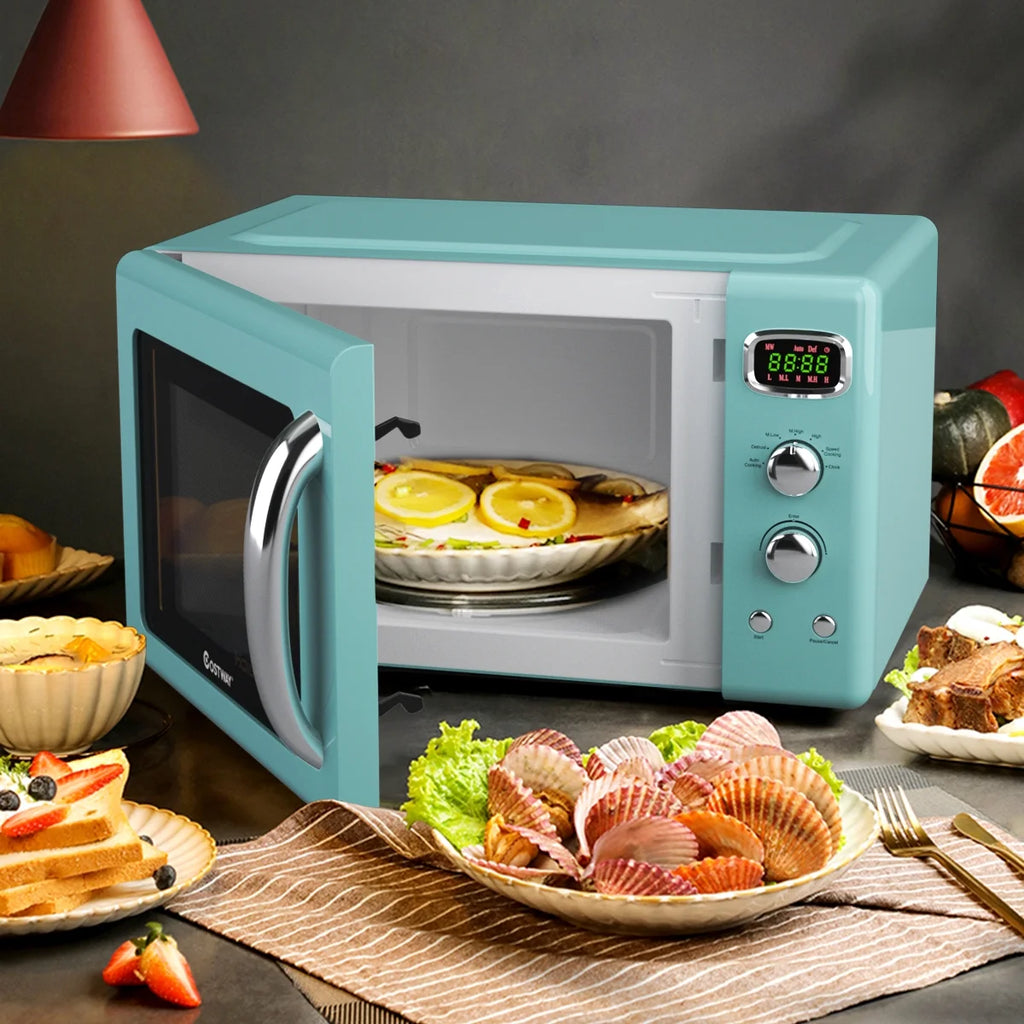 Costway 0.9Cu.ft. Retro Countertop Compact Microwave Oven 900W 8 Cooking Settings White