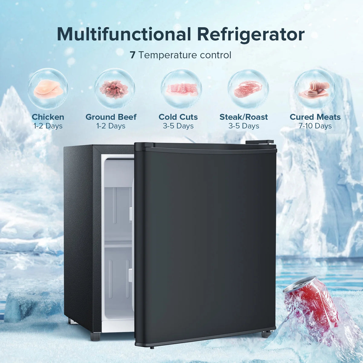 1.7 Cu ft Compact Single Door Refrigerator - Energy Efficient, Reversible Door, Perfect for Home, Office, or Dorm, Black