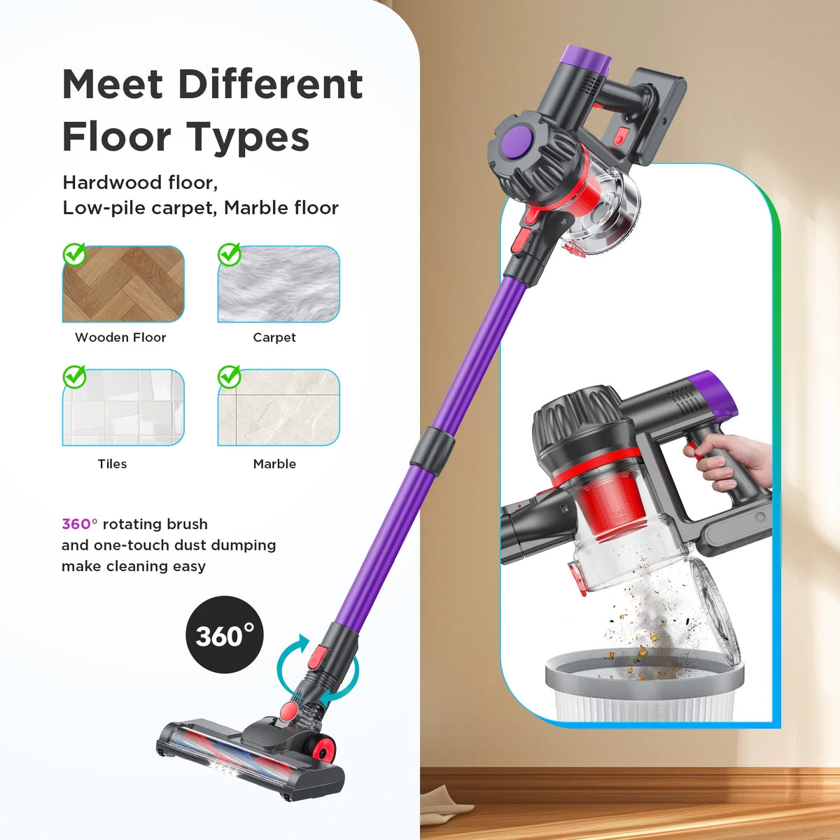 KANFUAQ Cordless Vacuum Cleaner, 38000PA/450W 50min 2500mah for Home Pet Hair Carpet Wood Floor