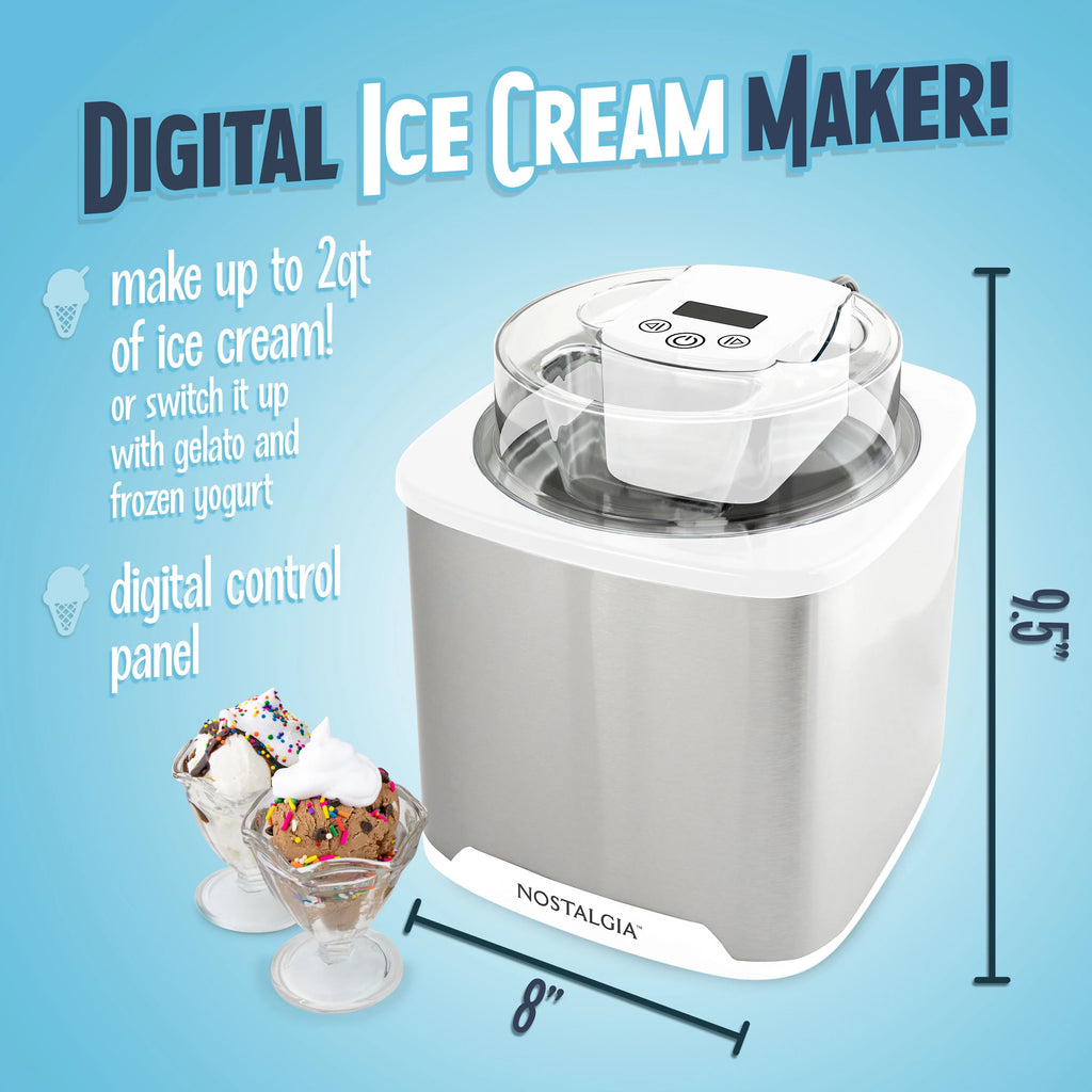 Nostalgia 2-Quart Electric Ice Cream Maker �C Make Homemade Ice Cream, Gelato, Sorbet & Frozen Yogurt �C No Salt/Ice Needed, Digital Controls, Mix-In Chute & Freezing Gel Canister �C Stainless Steel
