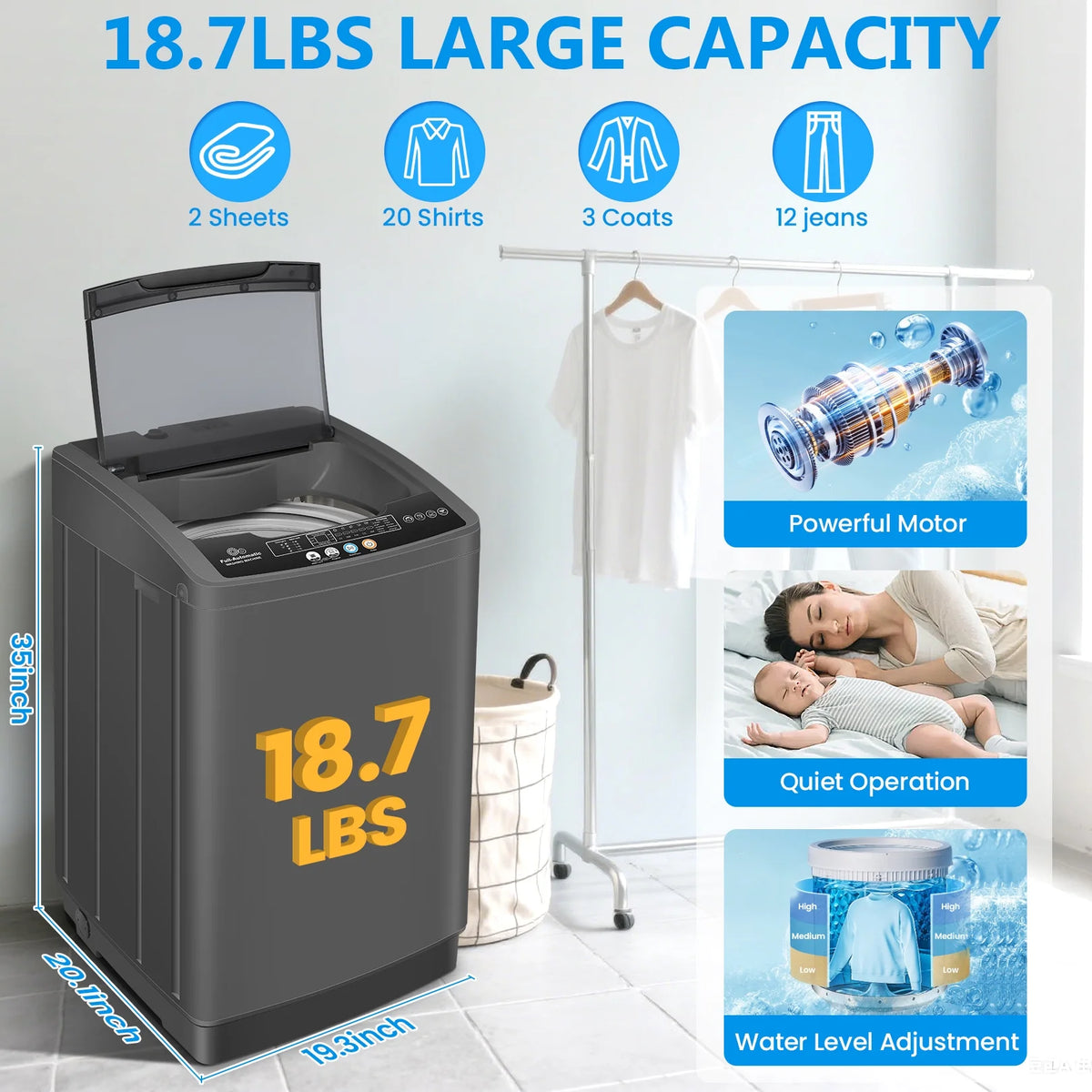 Veeboto Portable Washing Machine, 18.7Lbs Capacity Portable Washer with Drain Pump, 10 Wash Programs/8 Water Levels/LED Display, Full-Automatic Compact Laundry Washer for Apartment, Dorm, Home