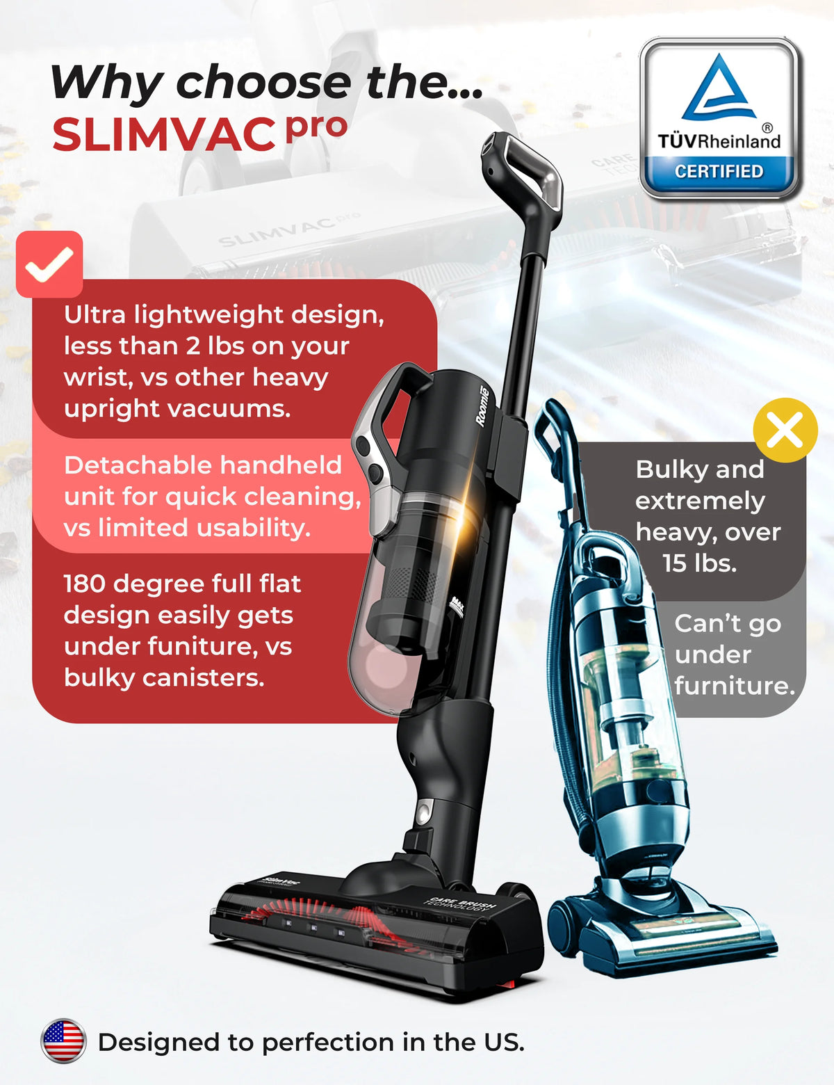 Roomie TEC SlimVac Cordless Upright Vacuum Cleaner, Handheld with Powerful Suction, Ultra Lightweight, Multi-Surface Cleaning for Carpets, Hard Floors, Cars & More, Detachable Long-Lasting Battery