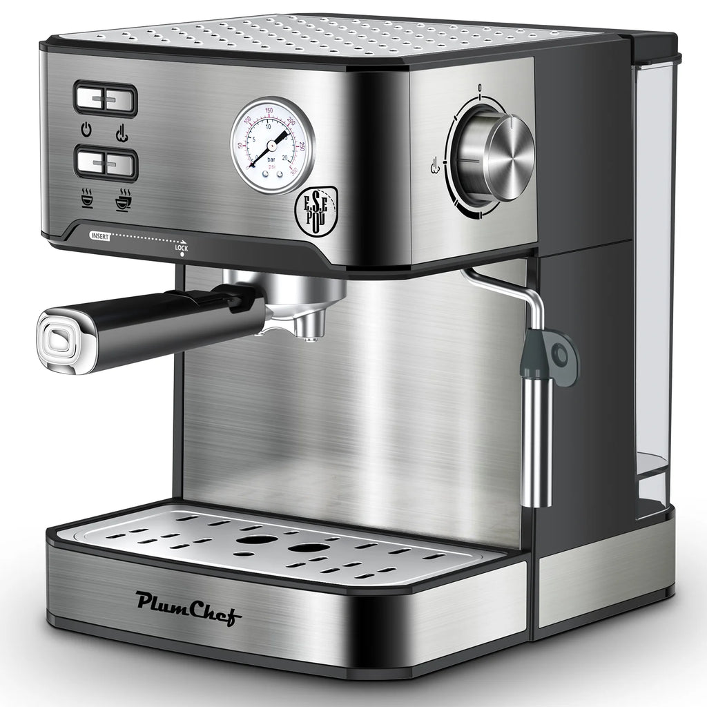 Plum Chef Espresso Machine, 20 Bar Coffee Maker with Foaming Milk Frother Wand, Espresso & Cappuccino Latte Maker Coffee Machine, 850W, 1.6L Removable Water Tank, Black&Silver
