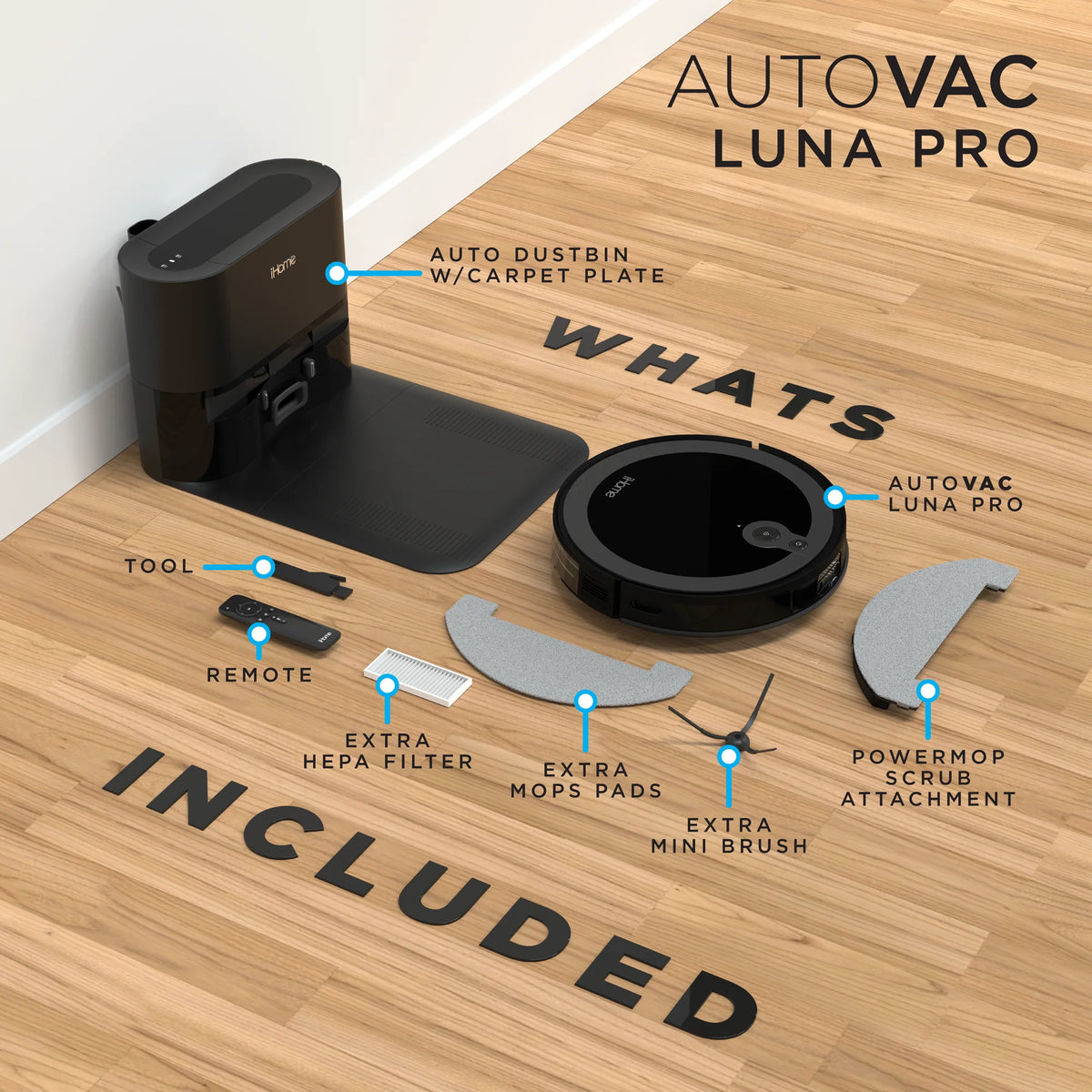 iHome AutoVac Luna Pro New 3-in-1 Robot Vacuum and Vibrating Mop with Auto Empty Base, Self-Emptying, Smart Mapping, Wi-Fi Connected, LIDAR Navigation, Mop Combo, Pet Hair, Hard Floor, Carpet