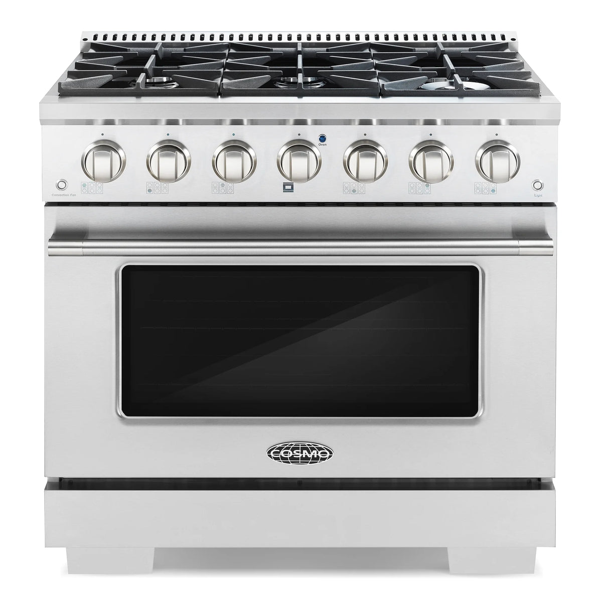 Cosmo 4 Piece Kitchen Appliance Package with 36" Freestanding Dual Fuel Range 36" Island Range Hood 24" Built-in Integrated Dishwasher & French Door Refrigerator Kitchen Appliance Bundles