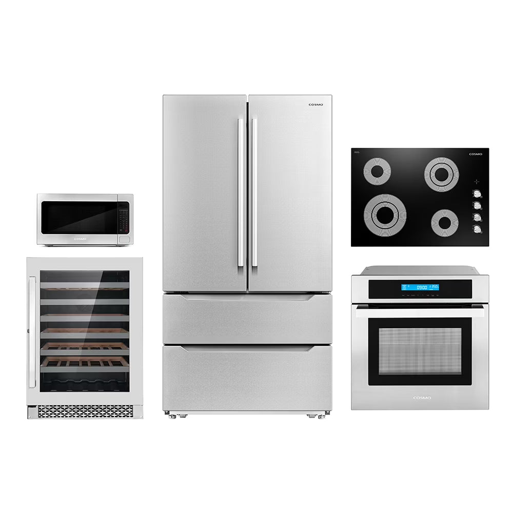 Cosmo 5 Piece Kitchen Appliance Package With 30" Electric Cooktop 30" Single Electric Wall Oven 30" Over-the-range Microwave French Door Refrigerator & 24" Built-in Fully Integrated Dishwasher