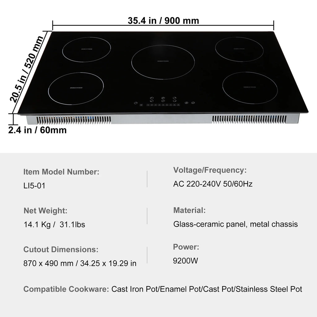 KFFKFF 5 Burners Ceramic Glass Stove Top Touch Control 36 inch Electric Cooktop
