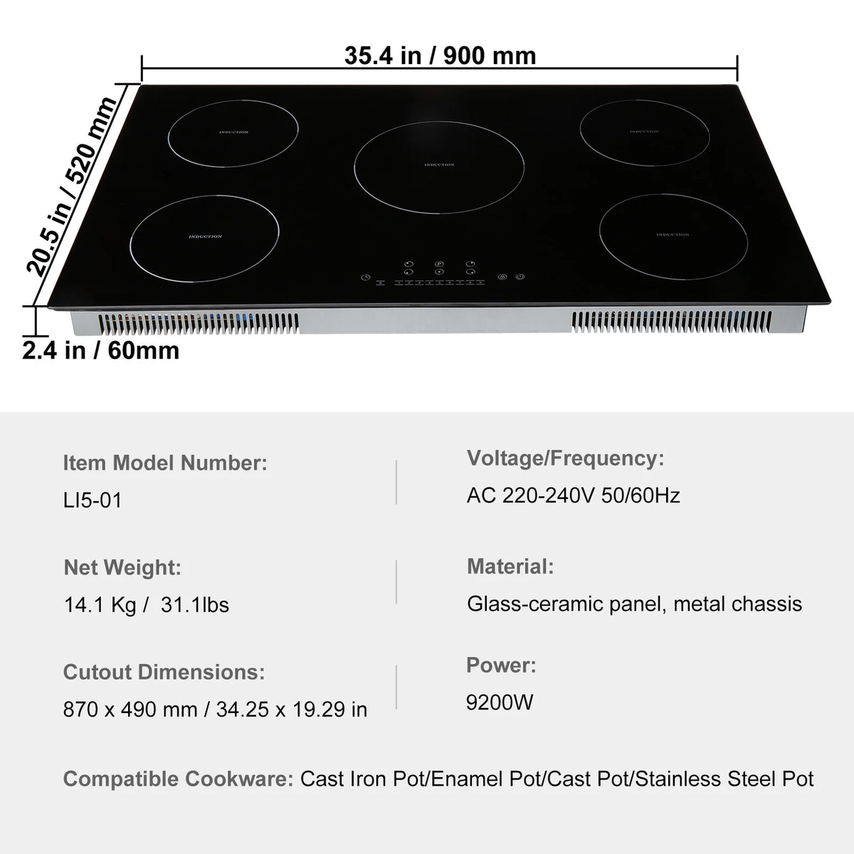 KFFKFF 5 Burners Ceramic Glass Stove Top Touch Control 36 inch Electric Cooktop