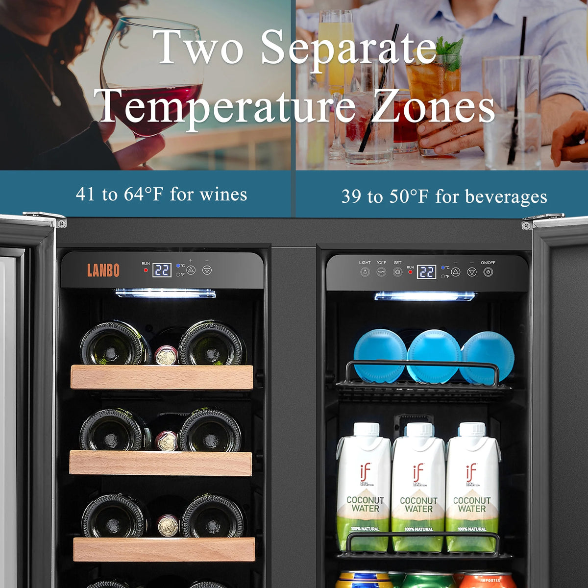 Lanbo 24 inch Dual Zone 18 Bottle Wine and 55 Can Beverage Cooler with French Door