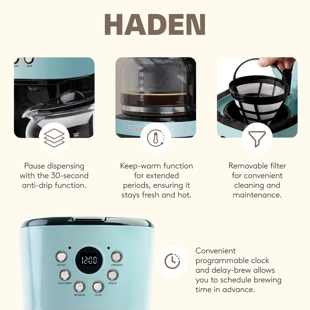 Haden 12 Cup Coffee Maker with 2 Slice Stainless Steel Bread Toaster, White