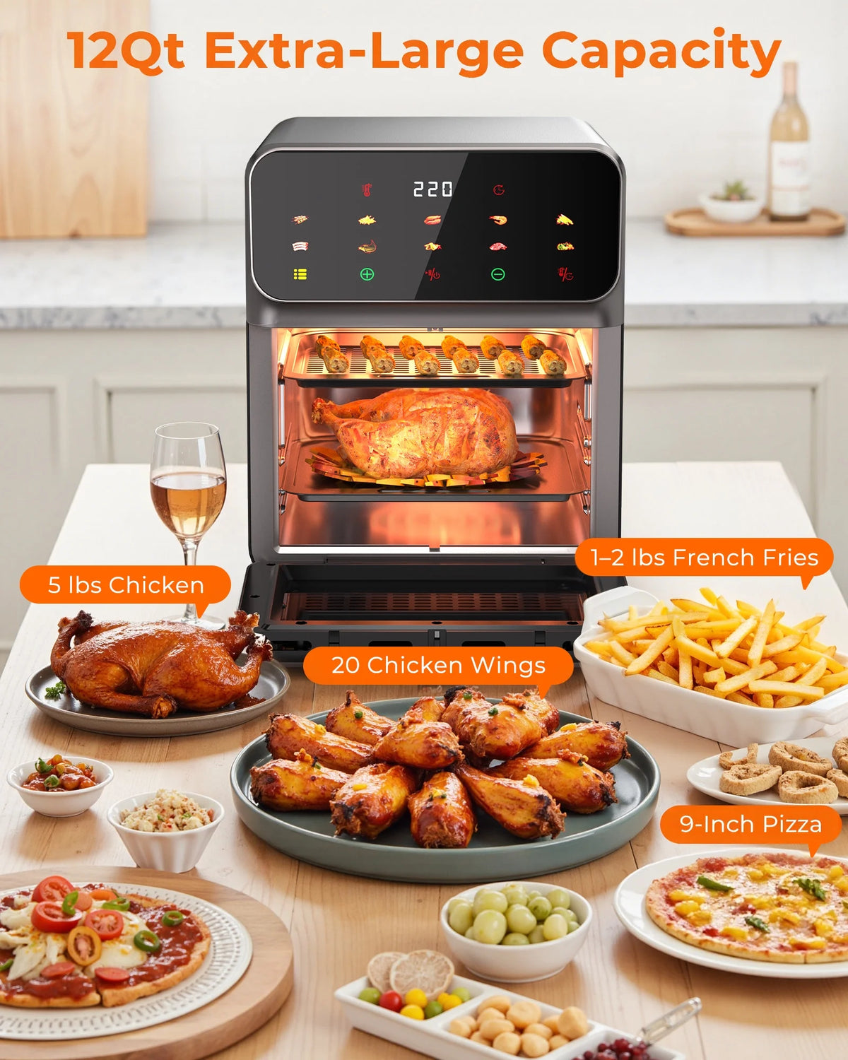 Casualife Air Fryer Oven 12 Qt Max 400F for Cooking, 10 Presets Fry Touch Panel Easy View Window, New Black