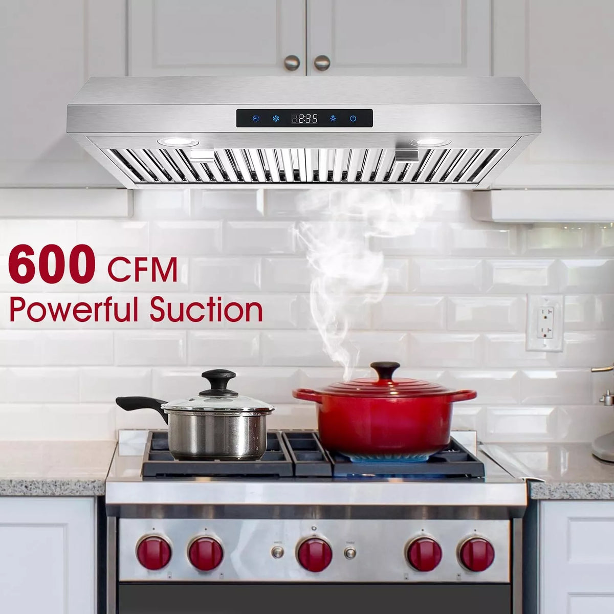 Under Cabinet Range Hood 30 inch Stainless Steel Kitchen Hood 600 CFM Stove Filter Touch Control LED Lights