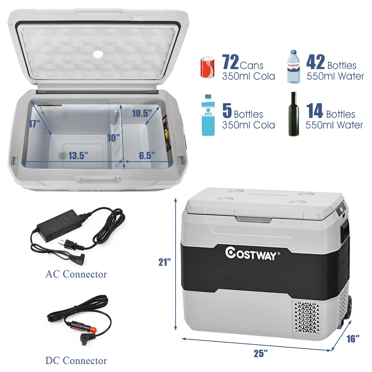 Costway 53 qt Wheeled Corded Electric Dual-Zone Portable Car Refrigerator, White