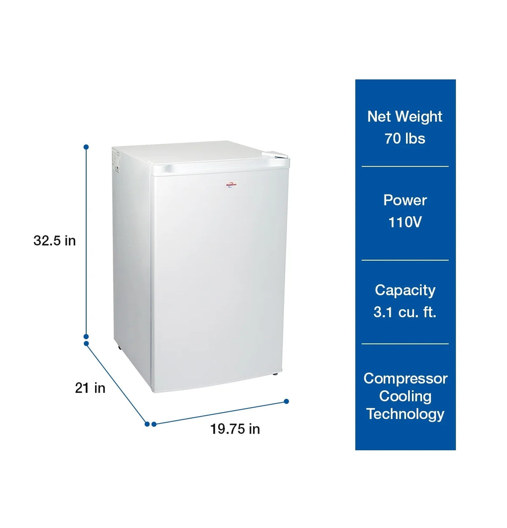 Koolatron Compact Upright Freezer, 3.1 cu ft (88L) White Manual Defrost