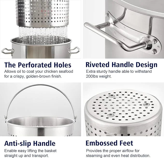 40QT Seafood Boiling Kit, 200,000BTU Propane Burner Stainless Steel Crawfish Boil Pot w/Basket and Steamer Rack, For Outdoors Cooking and Steaming, Large Turkey Fryer Pot, Lobster Shrimp Pot